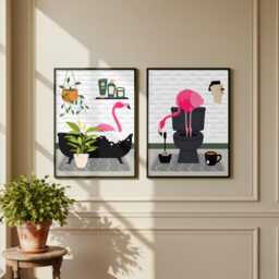 Flamingo Bathroom Prints, Bath & Toilet Art, Set Of Two White Prints - thumbnail 2