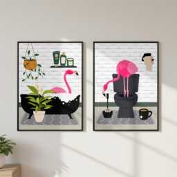 Flamingo Bathroom Prints, Bath & Toilet Art, Set Of Two White Prints - thumbnail 3