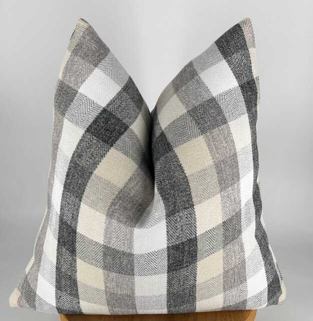 Black White & Gray Checkered Throw Pillow, Neutral Plaid Pillow Cover, Farmhouse Decor, 20x20 - image 1