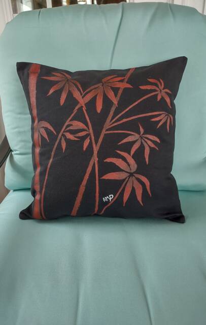 Hand Painted Bamboo Pillow Cover Red On Black Cotton, 18x18 - image 1
