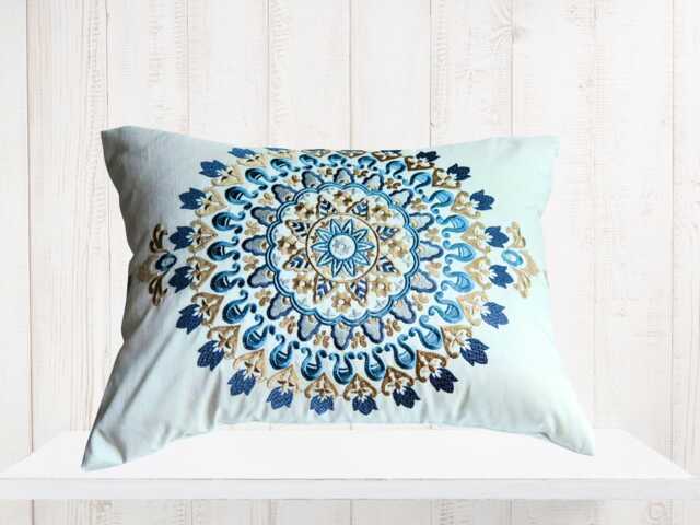 Embroidered Medallion Pillow Cover, Slate Blue, Kravet Designer - image 1