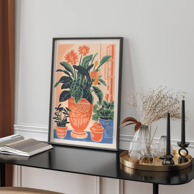 Vibrant Orange Vase Wall Art Print With Thirty Eight Colourful Flowers Modern Abstract Poster Contemporary Living Room Home Decor Gift - image 1