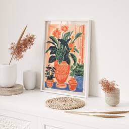 Vibrant Orange Vase Wall Art Print With Thirty Eight Colourful Flowers Modern Abstract Poster Contemporary Living Room Home Decor Gift - thumbnail 2