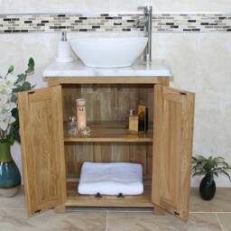 Bathroom Vanity Unit - Solid Oak With White Marble Top & Ceramic Basin 310Wmcbc - thumbnail 3