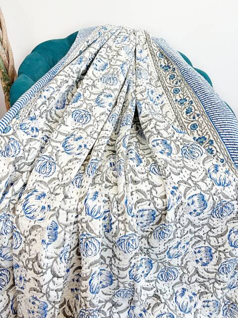 Kantha Stitch Pure Cotton Reversible Bed/Sofa Throw King Size - Handmade Handprinted Floral Dohar White Blue Exotic Wisconsin Bloom Garden - image 1
