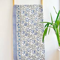 Kantha Stitch Pure Cotton Reversible Bed/Sofa Throw King Size - Handmade Handprinted Floral Dohar White Blue Exotic Wisconsin Bloom Garden - thumbnail 2
