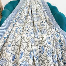 Kantha Stitch Pure Cotton Reversible Bed/Sofa Throw King Size - Handmade Handprinted Floral Dohar White Blue Exotic Wisconsin Bloom Garden - thumbnail 3