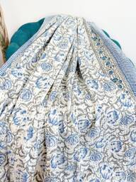 Kantha Stitch Pure Cotton Reversible Bed/Sofa Throw King Size - Handmade Handprinted Floral Dohar White Blue Exotic Wisconsin Bloom Garden - thumbnail 1