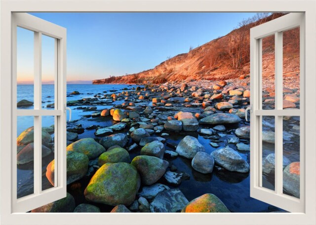 Stones Wall Decal Mural, 3D Window View Decal, Sea Rocks Nature Sticker, Living Room Bedroom Home Decor