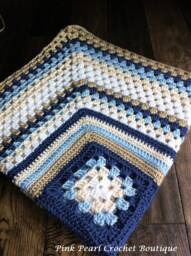 Granny Square Baby Blanket - Modern Crochet Blue Navy Shower Gift Afghan - thumbnail 1