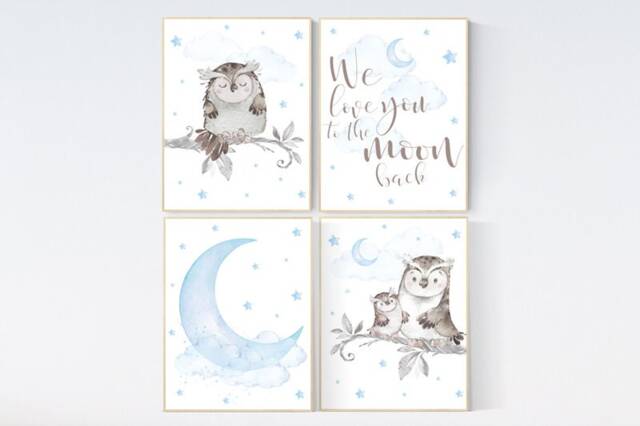 Owl Nursery Print Set Baby Blue Moon & Stars Wall Art - image 1