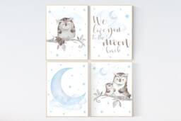Owl Nursery Print Set Baby Blue Moon & Stars Wall Art - thumbnail 1