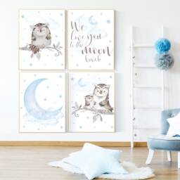 Owl Nursery Print Set Baby Blue Moon & Stars Wall Art - thumbnail 2