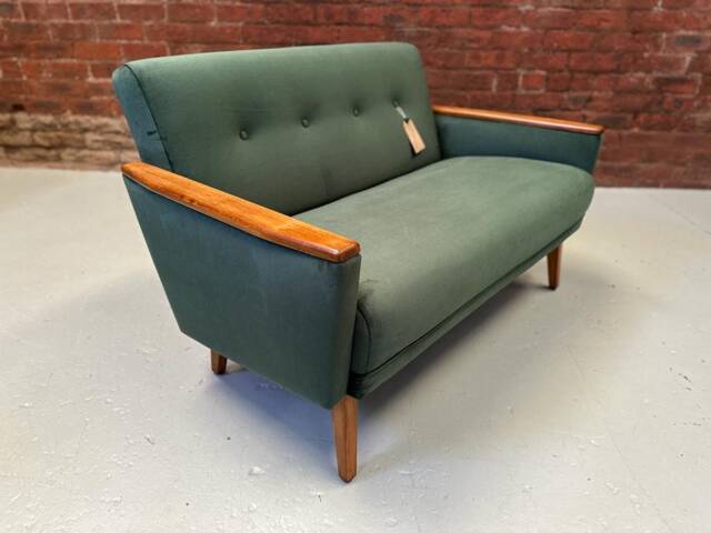 Danish 60S Teak Vintage Inspired Mid Century 2 Seater Cocktail Sofa Settee in Bottle Green Velvet - image 1