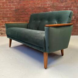Danish 60S Teak Vintage Inspired Mid Century 2 Seater Cocktail Sofa Settee in Bottle Green Velvet - thumbnail 4