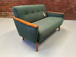 Danish 60S Teak Vintage Inspired Mid Century 2 Seater Cocktail Sofa Settee in Bottle Green Velvet