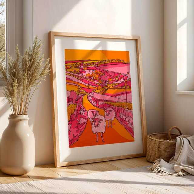 Yorkshire Dales Art Print Pink & Orange Sheep Landscape - image 1