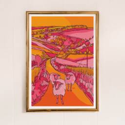 Yorkshire Dales Art Print Pink & Orange Sheep Landscape - thumbnail 2