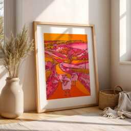 Yorkshire Dales Art Print Pink & Orange Sheep Landscape - thumbnail 1