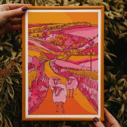 Yorkshire Dales Art Print Pink & Orange Sheep Landscape - thumbnail 3