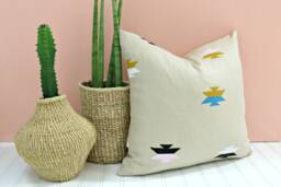 Beige Linen Pillow Cover With Southwestern Motif // Block Printed Mexican Inspired Teal Mustard Light Pink Decorative Throw Cushion Bedding - thumbnail 1