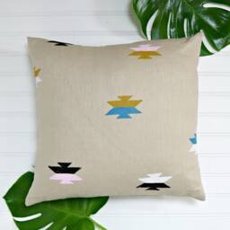 Beige Linen Pillow Cover With Southwestern Motif // Block Printed Mexican Inspired Teal Mustard Light Pink Decorative Throw Cushion Bedding - thumbnail 2