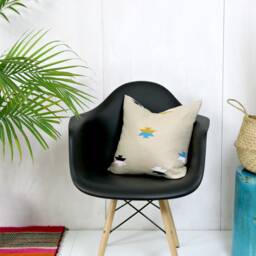 Beige Linen Pillow Cover With Southwestern Motif // Block Printed Mexican Inspired Teal Mustard Light Pink Decorative Throw Cushion Bedding - thumbnail 3