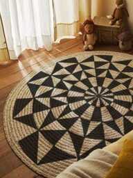 Handmade Jute Round Rug Modern Black Geometric Design