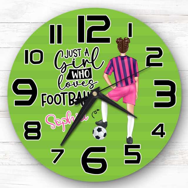 Girls Football Brunette Bun Light Skin Personalised Gift For Kid's Bedroom Clock - Kids Clock, Children's , Custom Wall - image 1