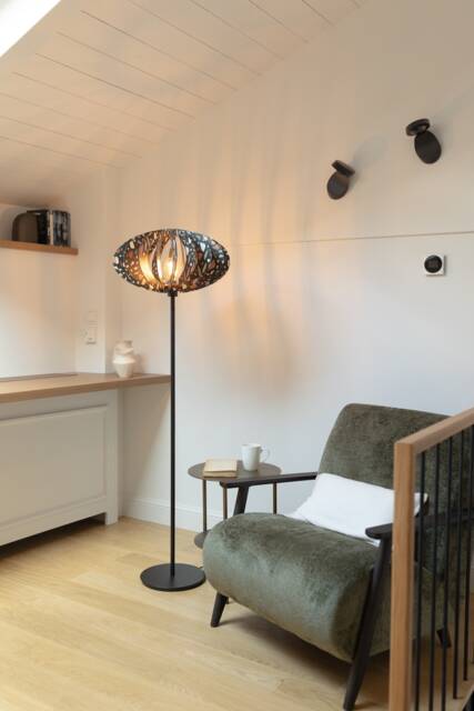 Sculpted Serenity Wooden Floor Lamp With Handcrafted Metallic Base Featuring Unique Patterns - image 1