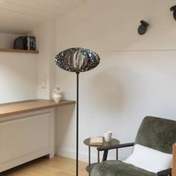 Sculpted Serenity Wooden Floor Lamp With Handcrafted Metallic Base Featuring Unique Patterns - thumbnail 2