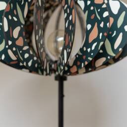 Sculpted Serenity Wooden Floor Lamp With Handcrafted Metallic Base Featuring Unique Patterns - thumbnail 3