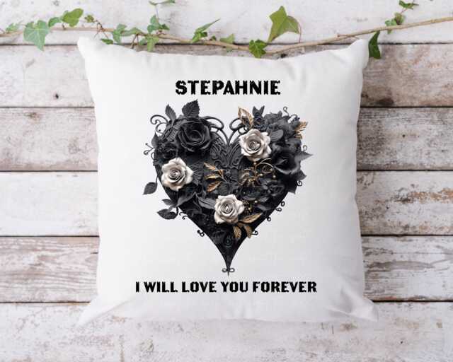Personalised Gothic Heart Cushion, Rose Alternative Gift, Custom Name Romantic Cushion - image 1
