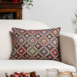 Kaleidoscope Tapestry Boudoir Cushion. Geometric Diamond Motifs in Coral Pink, Turquoise Blue, Mint Green, Blush Pink & Brown. 17x12