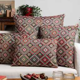 Kaleidoscope Tapestry Boudoir Cushion. Geometric Diamond Motifs in Coral Pink, Turquoise Blue, Mint Green, Blush Pink & Brown. 17x12 - thumbnail 3