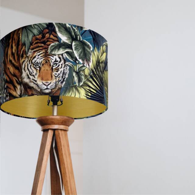 Bengal Tiger Velvet Drum Lampshade/ Ceiling Shade With A Metallic Brushed Gold Lining - image 1