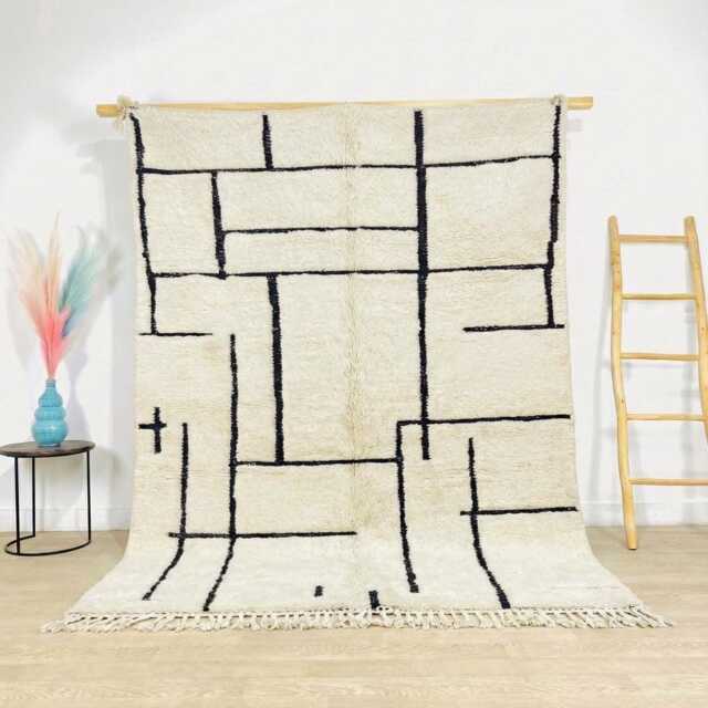 Ivory Moroccan Rug With Modern Black Linear Maze - Large 9x12 Area Handmade Berber Shag Minimalist Geometric Decor - image 1