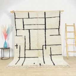 Ivory Moroccan Rug With Modern Black Linear Maze - Large 9x12 Area Handmade Berber Shag Minimalist Geometric Decor
