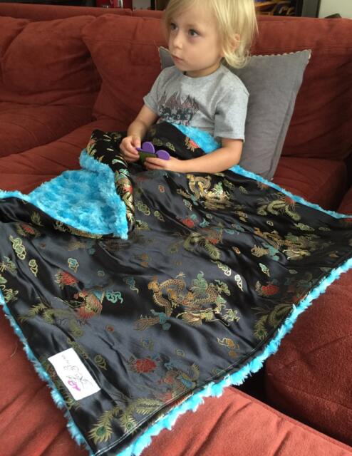 "Black Dragon Brocade & Turquoise Minky Baby Blanket ""Anoushka" - image 1