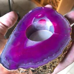 Large Pink Agate Slice Microcrystalline Quartz Gold Gilded 24Ct Tealight Candle Holder Ornament Gift - thumbnail 2