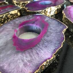Large Pink Agate Slice Microcrystalline Quartz Gold Gilded 24Ct Tealight Candle Holder Ornament Gift - thumbnail 3