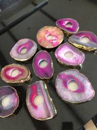 Large Pink Agate Slice Microcrystalline Quartz Gold Gilded 24Ct Tealight Candle Holder Ornament Gift - thumbnail 1