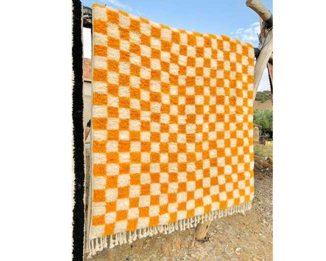 Yellow Checkered Rug, Moroccan Beni Ourain Soft Wool Rug, Large Checker Area Rug - image 1
