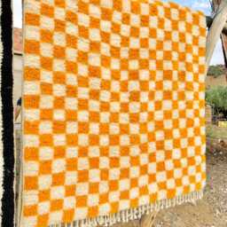 Yellow Checkered Rug, Moroccan Beni Ourain Soft Wool Rug, Large Checker Area Rug - thumbnail 2