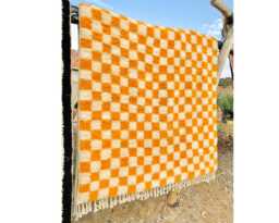 Yellow Checkered Rug, Moroccan Beni Ourain Soft Wool Rug, Large Checker Area Rug - thumbnail 1