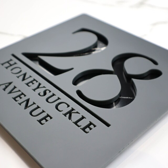 K Smart Sign - Bellissima S1 Laser Cut Matt Gray & Black Marble Floating House Signs Door Number Plaque 180mm X 180mm - image 1