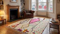 Hand-Knotted Cream Azilal Wool Rug With Vibrant Neon Diamonds & Colorful Dots - thumbnail 1