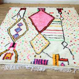 Hand-Knotted Cream Azilal Wool Rug With Vibrant Neon Diamonds & Colorful Dots - thumbnail 4