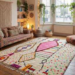 Hand-Knotted Cream Azilal Wool Rug With Vibrant Neon Diamonds & Colorful Dots - thumbnail 3