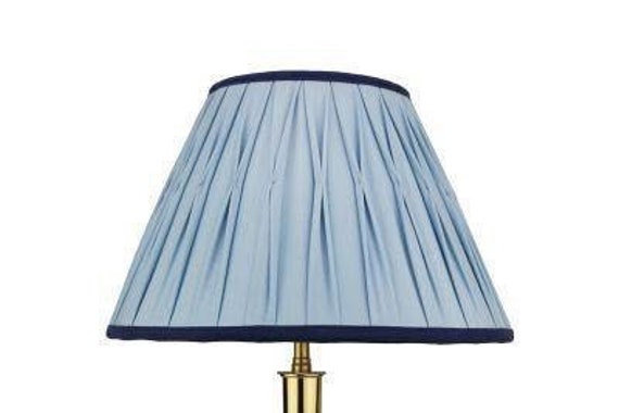 Handmade Silk Empire Lampshade in Vintage Blue With Navy Trim. Box Pleated , Smocked - image 1